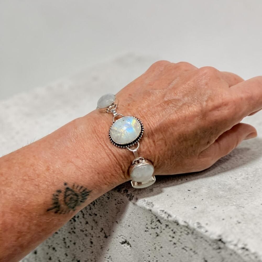 Rainbow Moonstone Sterling Silver Plated Toggle Bracelet